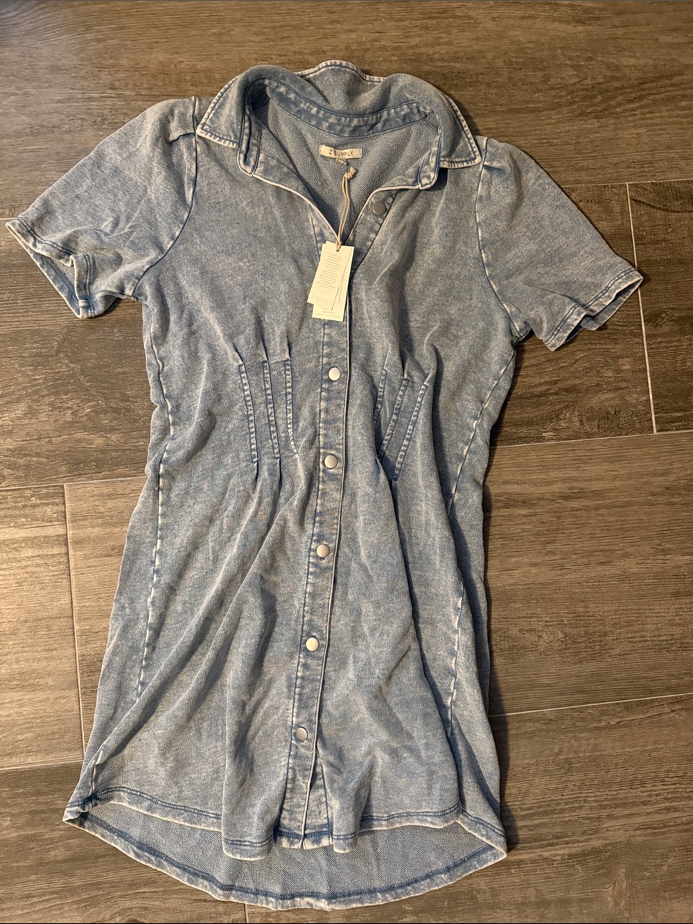 Z Supply Washed Light Blue Short-Sleeve Denim print Mini Dress